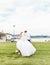 European Football Championship concept. Wedding couple on the football stadium.