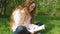 European girl with very long curly hair is reading a book in the park. Young woman in a white shirt is sitting on the