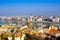 European landmarks. Panoramic view of Budapest with bell towers of the St. Anne`s Church and Parliament