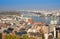 European landmarks. Panoramic view of Budapest with bell towers of the St. Anne`s Church and Parliament