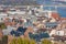 European landmarks. Panoramic view of Budapest with bell towers of the St. Anne`s Church and Parliament