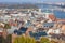 European landmarks. Panoramic view of Budapest with bell towers of the St. Anne`s Church and Parliament