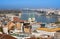 European landmarks. Panoramic view of Budapest with bell towers of the St. Anne`s Church and Parliament