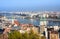 European landmarks. Panoramic view of Budapest with bell towers of the St. Anne`s Church and Parliament