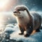 European otter (Lutra lutra), frozen river bank, standing, beautiful, sunlight