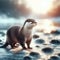 European otter (Lutra lutra), frozen river bank, standing, beautiful, sunlight