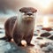 European otter (Lutra lutra), frozen river bank, standing, beautiful, sunlight