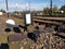 European railway station. Jaslo city of Poland country. Train railroad sign. Sunny day of Autumn