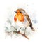 European robin perched on a branch in the snow. Digital watercolour illustration on white background