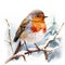 European robin perched on a branch in the snow. Digital watercolour illustration on white background