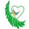European robin songbird on a tree brunch. Funny cartoon character with green heart