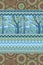 European spring forest landscape and country style ornamental border against the background of a seamless pattern of flowers