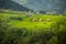 European summer landscape with mountains, meadows and houses