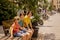 European tourist family with children, visiting Tel Aviv, Israel, enjoying day walk