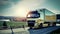 European truck vehicle on motorway with dramatic sunset light. Cargo transportation and supply theme.