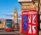 European Union and British Union flag on phone booths against Big Ben in London, England, UK, Stay or leave, Brexit