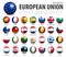 European union EU 3D circle balls line up and member flags design . White isolated background and europe map . Vector