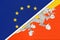 European Union or EU and Bhutan national flag from textile. Symbol of the Council of Europe association