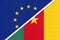 European Union or EU and Cameroon national flag from textile. Symbol of the Council of Europe association