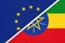 European Union or EU and Ethiopia national flag from textile. Symbol of the Council of Europe association