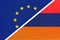 European Union or EU vs Armenia national flag from textile. Symbol of the Council of Europe association