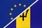 European Union or EU vs Barbados national flag from textile. Symbol of the Council of Europe association