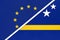 European Union or EU vs Curacao national flag from textile. Symbol of the Council of Europe association