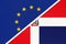 European Union or EU vs Dominican Republic national flag from textile. Symbol of the Council of Europe association