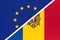 European Union or EU vs Moldova national flag from textile. Symbol of the Council of Europe association