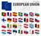 European Union . EU . Waving zig zag ribbon flag design . Europe map on background . Element vector