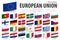 European union flag and member . Sticky note design . Europe map background . Vector