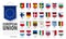 European union flags and membership . 3D realistic pennant hanging design . White isolated background and europe map . Vector