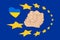 European Union. Poster, card, banner with perspective circle 12 yellow star sign, Ukraine heart with flag and hands handshake on b