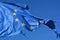 The european union twelve star flag torn and with knots in the wind on blue sky