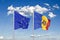 European Union vs Moldova. Thick colored silky flags of European Union and Moldavia