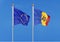 European Union vs Moldova. Thick colored silky flags of European Union and Moldavia