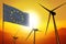 European Union wind energy, alternative energy environment concept with wind turbines and flag on sunset industrial illustration