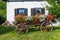 European vintage horse drawn wooden freight cart decorated with annual flowers