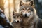 EUROPEAN WOLF Canis lupus, portrait of a female with cubs in the forest