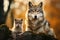 EUROPEAN WOLF Canis lupus, portrait of a female with cubs in the forest