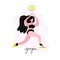 European young girl in yoga pose, play button overhead. Yoga on-line broadcast concept. Multimedia symbol. Cute cartoon character