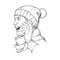 European young man in winter clothes speaking on the phone and smiling. Black and white linear sketch isolated n white