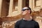 Europian tourist man with sunglasses in Petra in Jordan during a journey