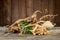 Eurycoma longifolia Jack,dried roots,green leaves and powder on an old wooden background