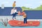 Evacuating people from flooded house flat color vector illustration