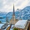 Evangelical church behind the roofs, Hallstatt, Salzkammergut, Austria