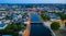 Evening aerial view of city of Laval and the Mayenne river. France