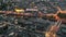 Evening aerial view of Laval with buildings, river Mayenne and old bridge, Mayenne department, north-western France