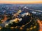 Evening aerial view of Nitra castle during winter with Nitra river on the right side