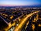 Evening aerial view to street with cars, Kharkiv, Ukraine